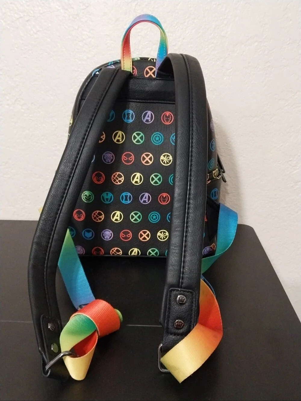 Loungefly Black Mini Backpack with Colorful Marvel Superhero Icons